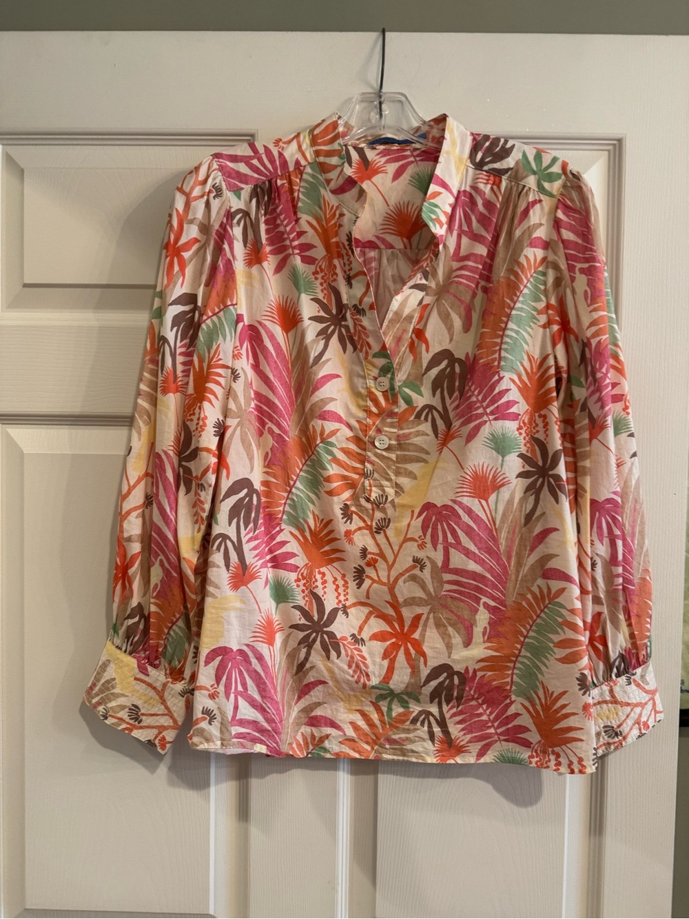 J. McLaughlin Tropical Leaf Print Henley Blouse - Pink, Orange, Green, Brown
